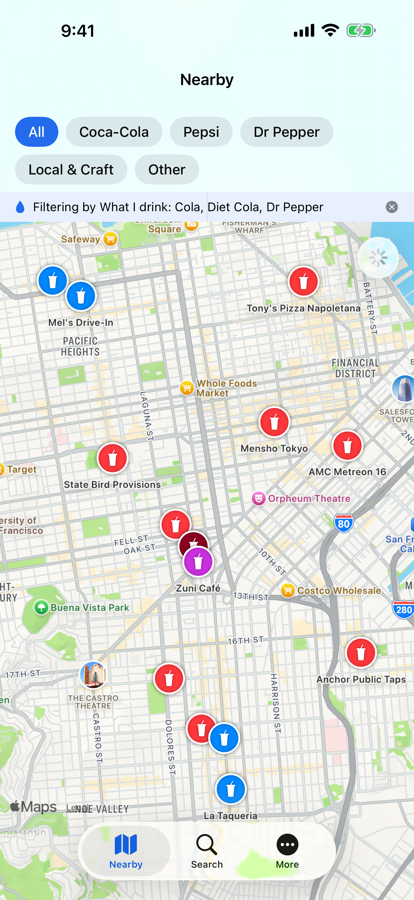Map view showing color-coded pins for venues serving different cola brands across San Francisco.