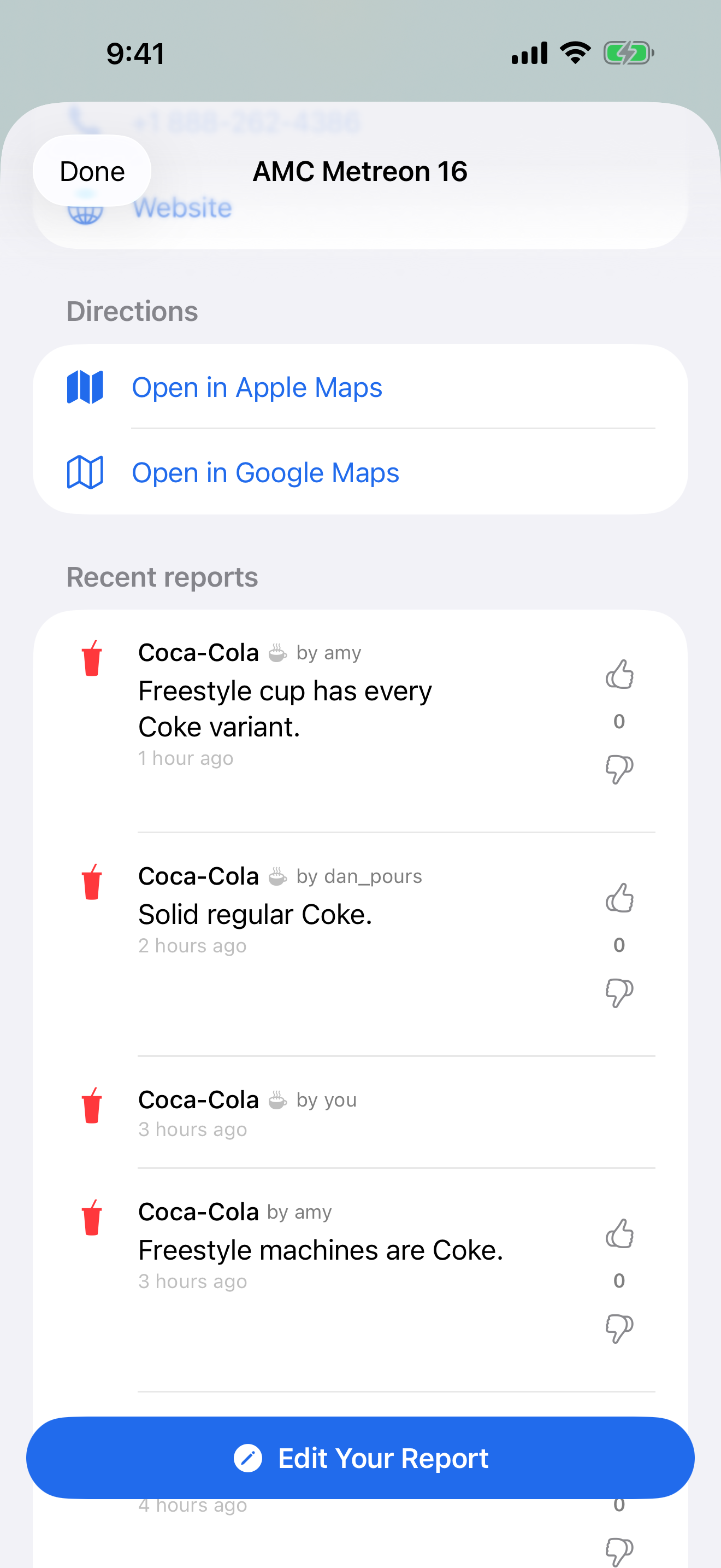 Venue detail showing community verdict and per-variant ratings for Cola, Diet Cola, and Zero Sugar.