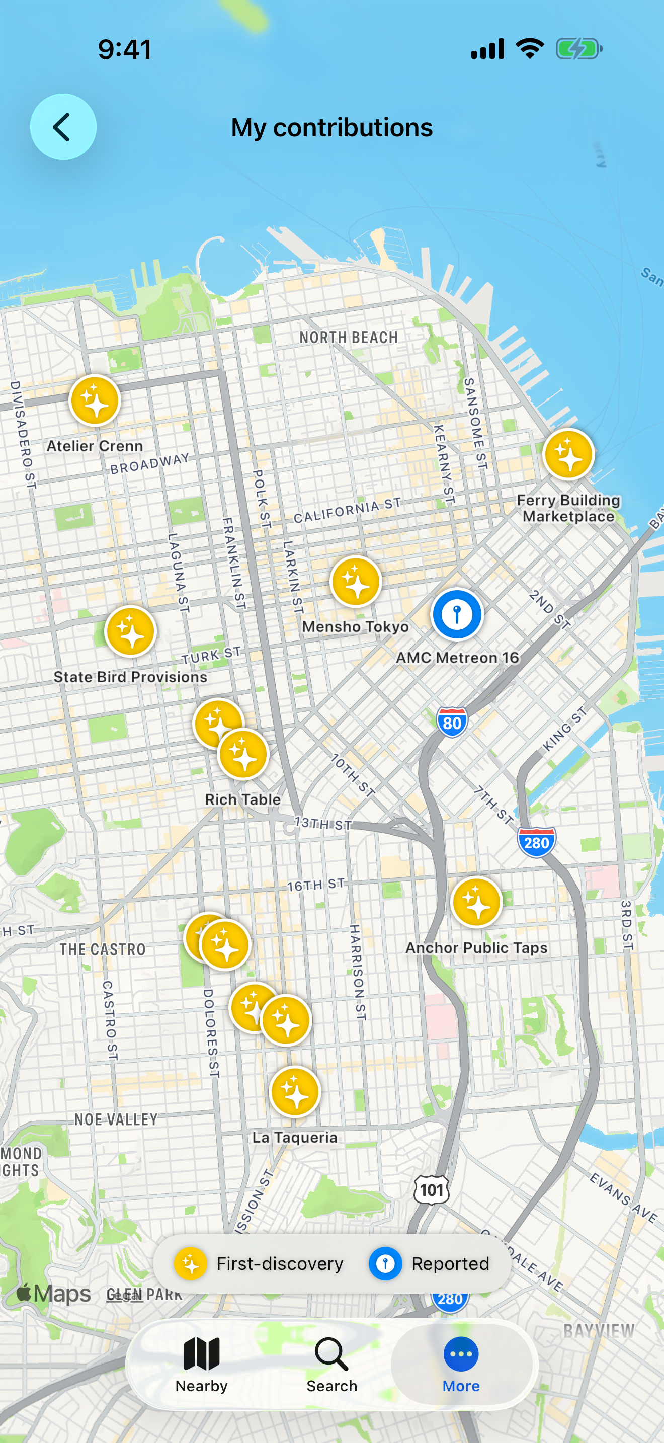 Personal contributions map highlighting first-discovery venues with sparkles pins.